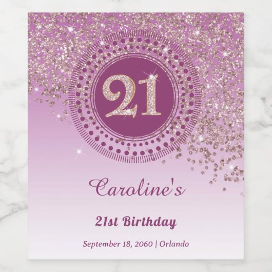 Stijlvolle Falling Roos Gold Glitter 21e verjaarda Wijn Etiket (Enkel label)