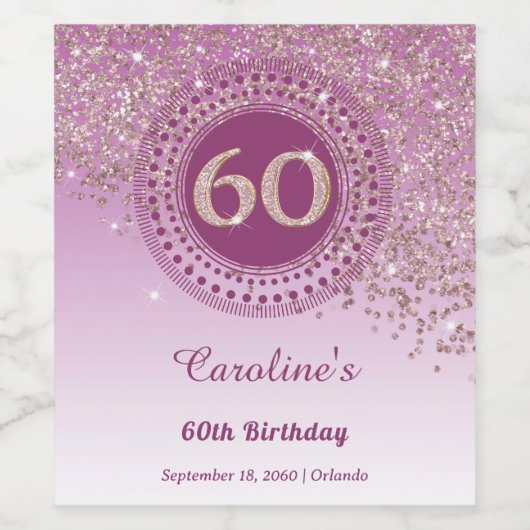 Stijlvolle Falling Roos Gold Glitter 60e verjaarda Wijn Etiket (Enkel label)