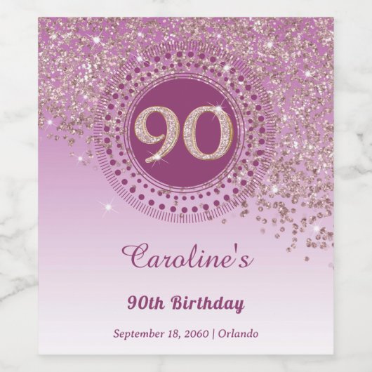 Stijlvolle Falling Roos Gold Glitter 90e verjaarda Wijn Etiket (Enkel label)