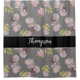 Stijlvolle familie achternaam roze flora grijs en  douchegordijn