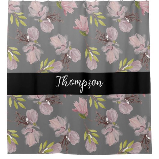 Stijlvolle familie achternaam roze flora grijs en  douchegordijn (Voorkant)