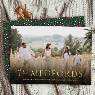 Stijlvolle familienaam Elegant Bloemen Terug Kerst Folie Feestdagenkaart