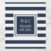 Stijlvolle familienaam Monogram Navy Blue Stripe Wijn Etiket (Enkel label)