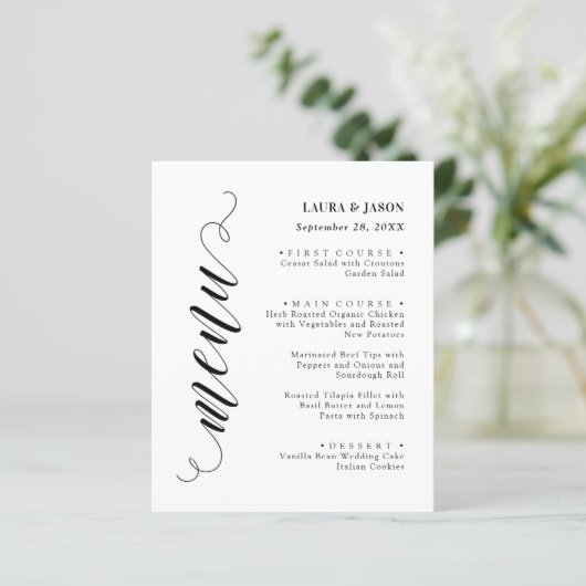 Stijlvolle Fancy Script Wedding Menu Kaart voor Bo (Staand voorkant)