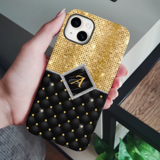 Stijlvolle faux Crystal Gold zwarte diamantmonogra Case-Mate iPhone Case