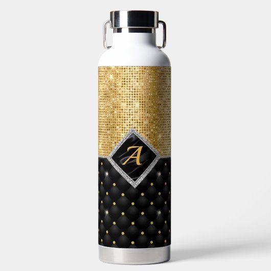 Stijlvolle faux Crystal Gold zwarte diamantmonogra Waterfles (Voorkant)