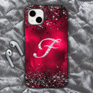 Stijlvolle faux Crystal strass letter F rood zwart iPhone 15 Case