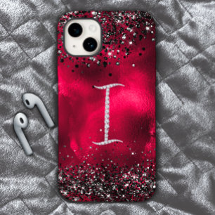 Stijlvolle faux Crystal strass letter I rood zwart iPhone 15 Case