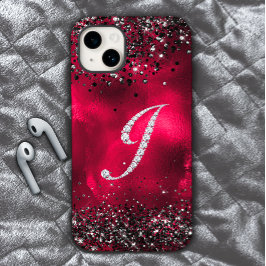 Stijlvolle faux Crystal strass letter J rood zwart iPhone 15 Case