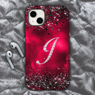 Stijlvolle faux Crystal strass letter J rood zwart iPhone 15 Case