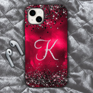 Stijlvolle faux Crystal strass letter K rood zwart iPhone 15 Case