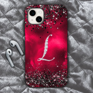 Stijlvolle faux Crystal strass letter L rood zwart iPhone 15 Case