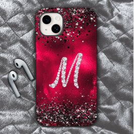 Stijlvolle faux Crystal strass letter M rood zwart iPhone 15 Case