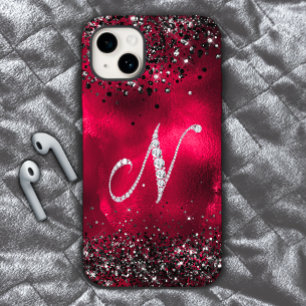 Stijlvolle faux Crystal strass letter N rood zwart iPhone 15 Case