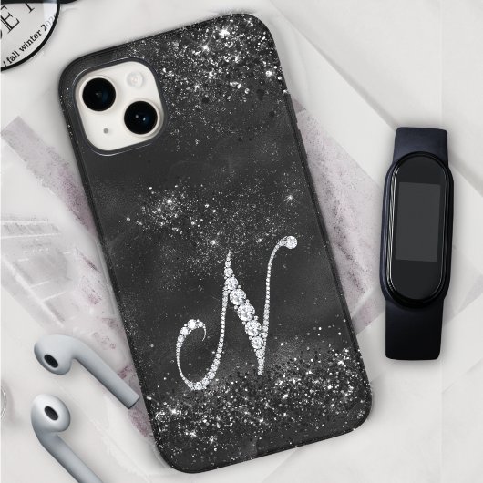 Stijlvolle faux Crystal strass letter N zwart Case-Mate iPhone Case