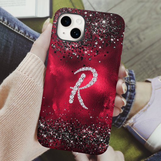 Stijlvolle faux Crystal strass letter R rood zwart Case-Mate iPhone Case