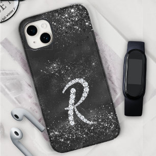 Stijlvolle faux Crystal strass letter R zwart iPhone 15 Case