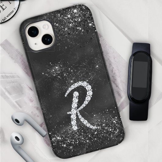 Stijlvolle faux Crystal strass letter R zwart Case-Mate iPhone Case