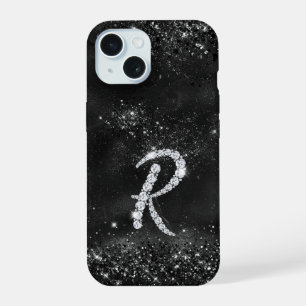 Stijlvolle faux Crystal strass letter R zwart iPhone 15 Case