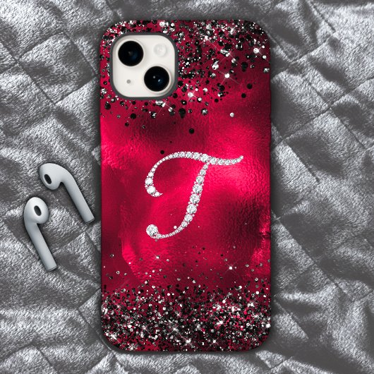 Stijlvolle faux Crystal strass letter T rood zwart Case-Mate iPhone Case