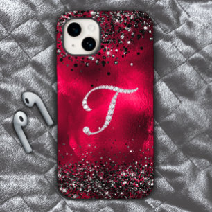Stijlvolle faux Crystal strass letter T rood zwart iPhone 15 Case