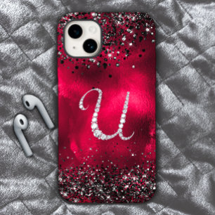 Stijlvolle faux Crystal strass letter U rood zwart iPhone 15 Case