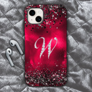 Stijlvolle faux Crystal strass letter W rood zwart iPhone 15 Case