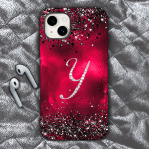 Stijlvolle faux Crystal strass letter Y rood zwart iPhone 15 Case