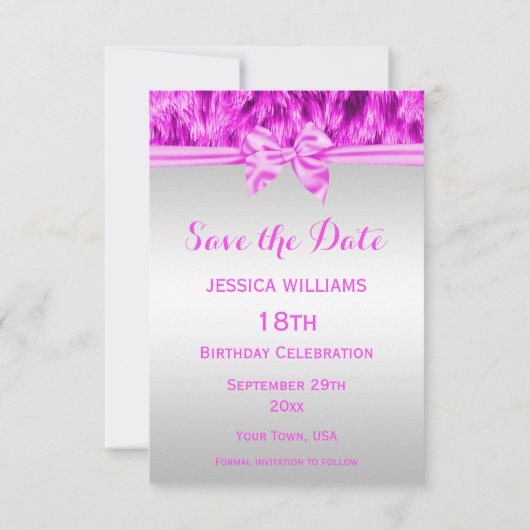 Stijlvolle Faux Fur & Roze Bow Birthday Save the D Save The Date (Achterkant)