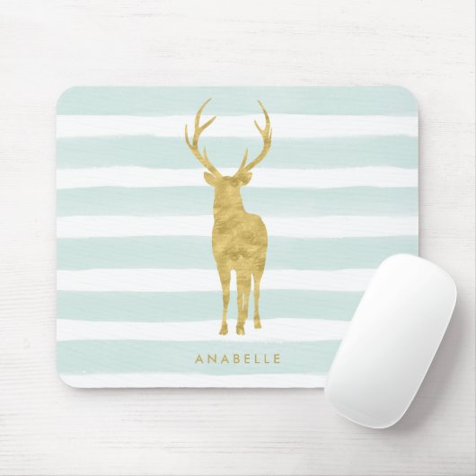 Stijlvolle Faux Gold Foil Deer op Mint Stripes Muismat (Met muis)