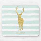 Stijlvolle Faux Gold Foil Deer op Mint Stripes Muismat (Voorkant)