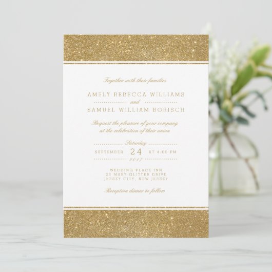Stijlvolle Faux Gold Glitter Wedding Invitation Kaart (Staand voorkant)