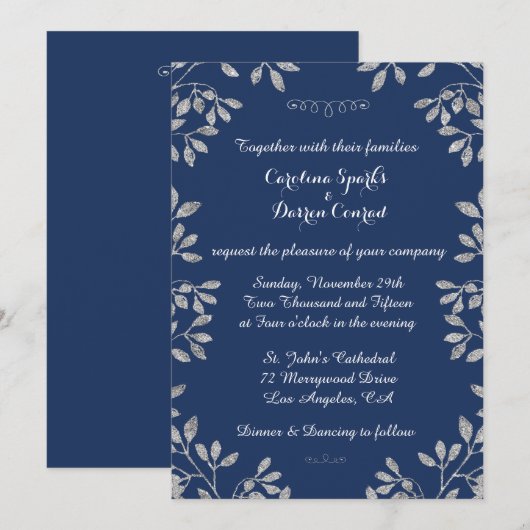 Stijlvolle Faux Silver Glitter bruiloft uitnodigin Kaart (Voorkant / Achterkant)