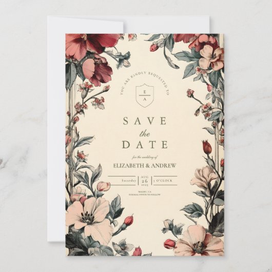 Stijlvolle Floral Art Nouveau bruiloft Save The Date (Voorkant)