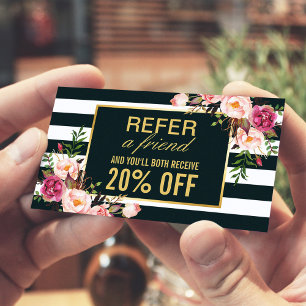 Stijlvolle Floral Black White Stripes Beauty Salon Aanbevelingskaartje