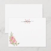 Stijlvolle Floral Blush Pink Waterverf Roos Monogr Notitiekaartje (Voorkant / Achterkant)