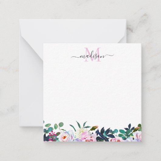 Stijlvolle Floral Blush Pink White Peony Monogram Notitiekaartje (Voorkant)
