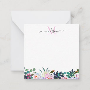 Stijlvolle Floral Blush Pink White Peony Monogram  Notitiekaartje