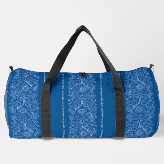 Stijlvolle Floral Duffel Bag in Blauw en Wit Plunjezak (Achterkant)