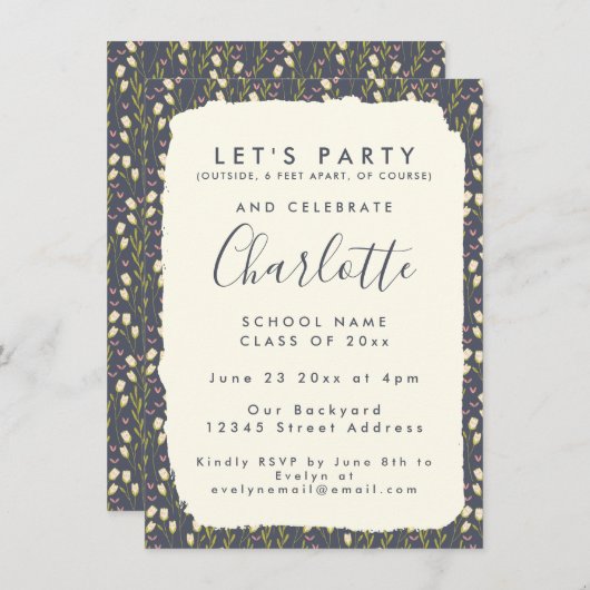 Stijlvolle Floral Simple Custom Graduparty Kaart (Voorkant / Achterkant)