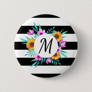 Stijlvolle Floral Wreath Black Stripes Monogram Ronde Button 5,7 Cm