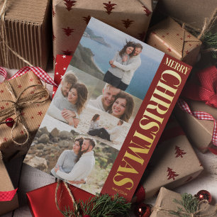Stijlvolle foto collage rood & goud vrolijk kerstf folie feestdagenkaart