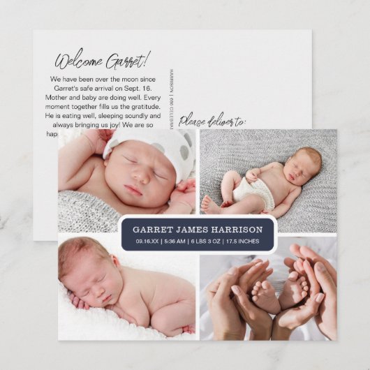 Stijlvolle fotocollage geboorte aankondiging briefkaart (Voorkant / Achterkant)