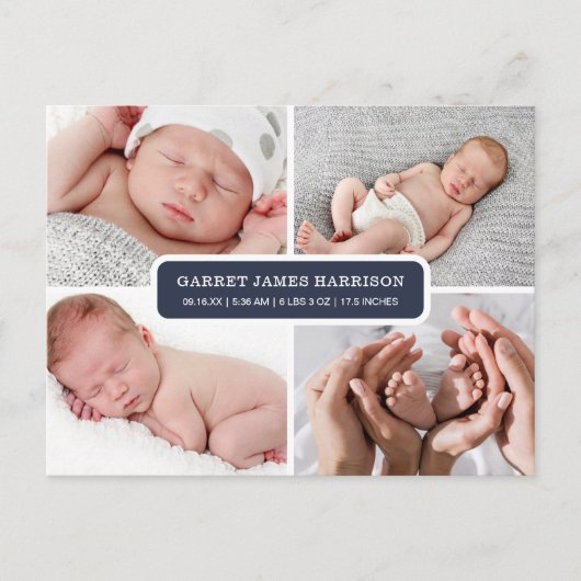 Stijlvolle fotocollage geboorte aankondiging briefkaart (Voorkant)