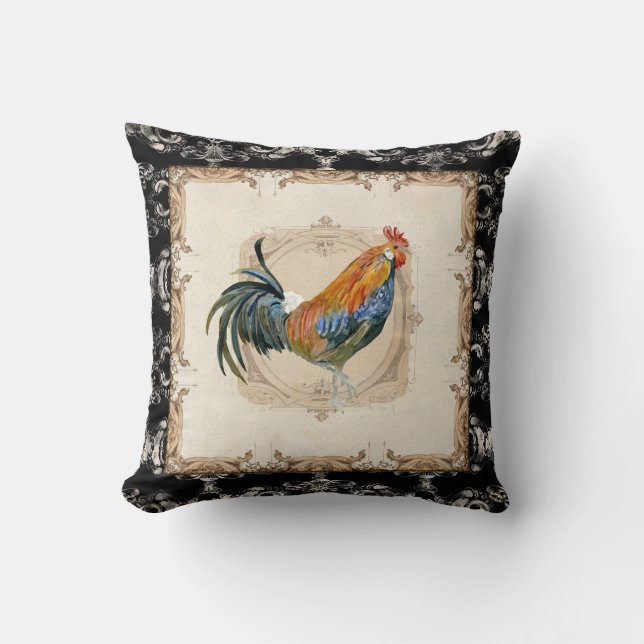  stijlvolle, Franse Damask Black in White Rooster Kussen (Voorkant)