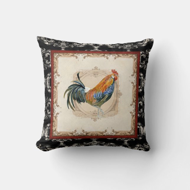  stijlvolle, Franse Damask Black in White Rooster Kussen (Voorkant)