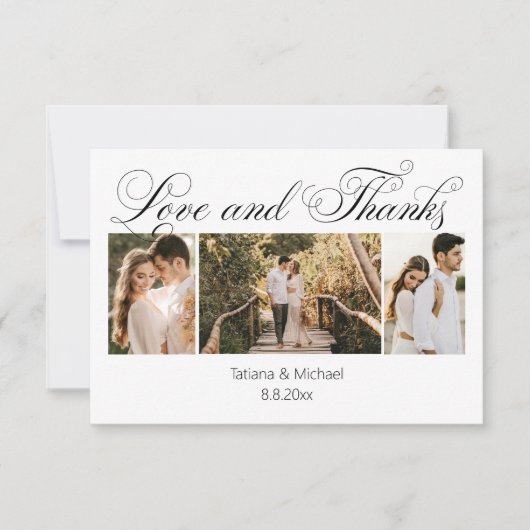 Stijlvolle Fun Curvy Calligraphy 3 foto's bruiloft Bedankkaart (Voorkant)