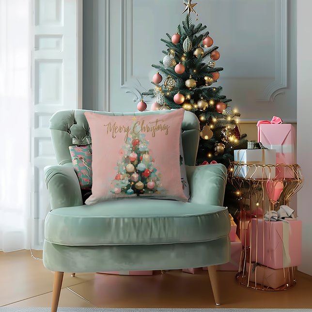 Stijlvolle Geborstelde Roze Kerstboom Worp Kussen (Beautiful Blush Pink Painted Christmas Tree Holiday Throw Pillow)