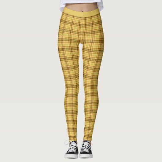 Stijlvolle Geel Bruin Schotse Tartan Plaid Yoga Leggings (Voorkant)
