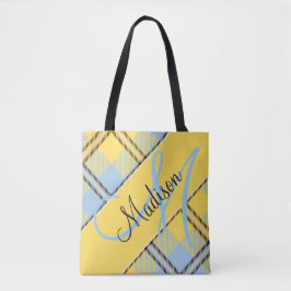 Stijlvolle Gele Blauwe Geruite Tartan | Voeg Je Na Tote Bag